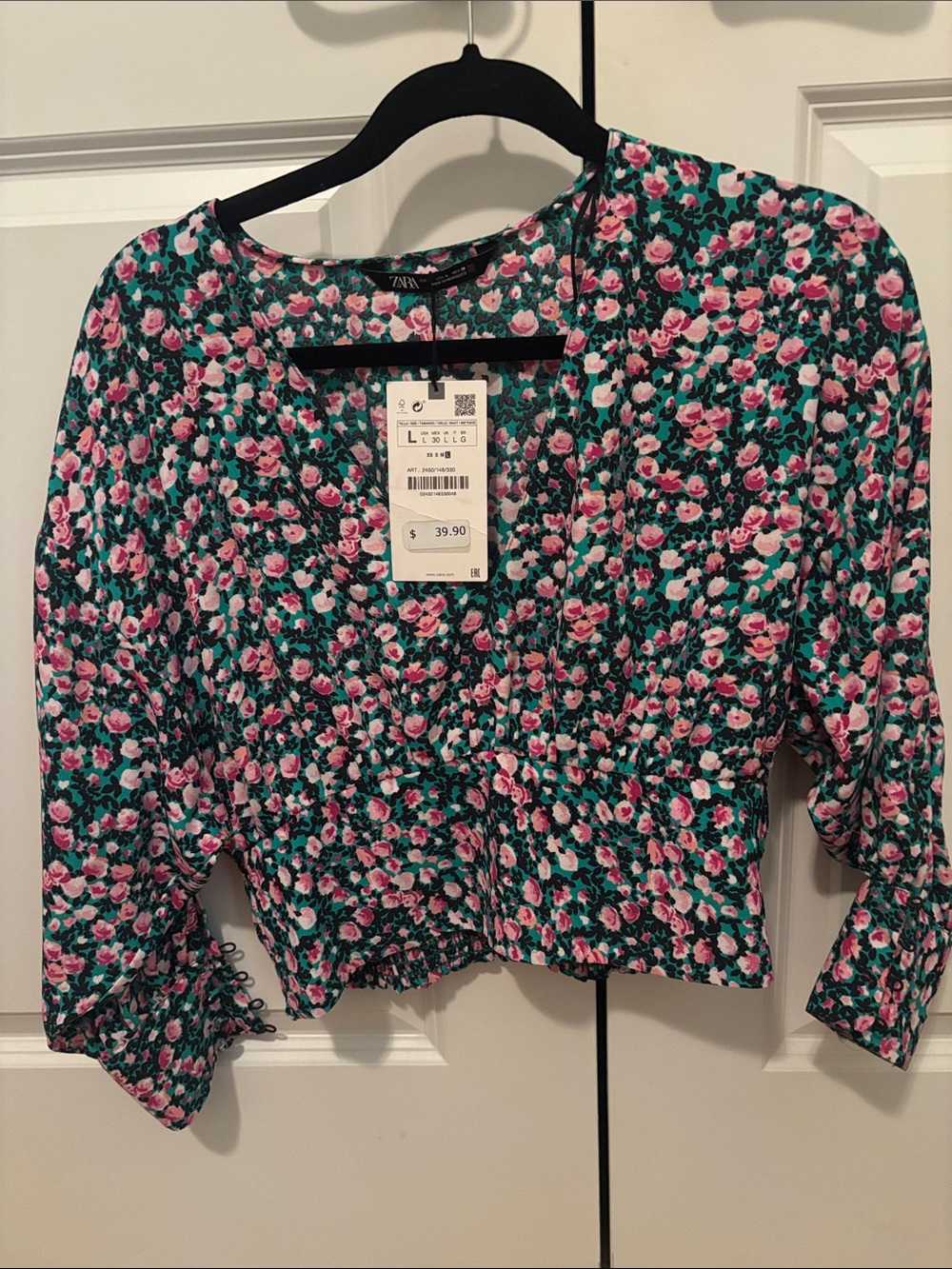 Zara Pink Floral V-Neck Smocked Waist Top on Green